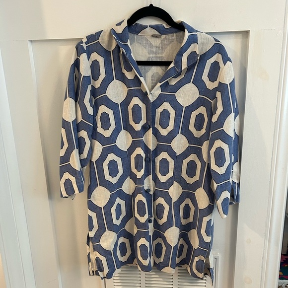 Connie Roberson Rita Linen Blue Moroccan printed jacket - Picture 1 of 8